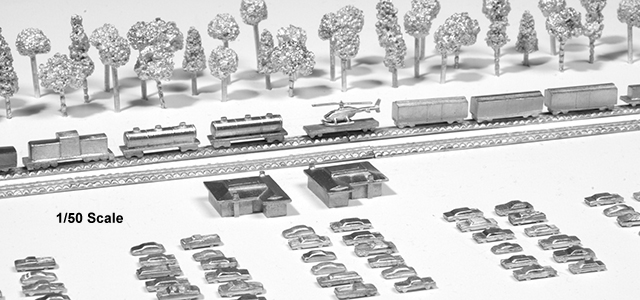 1/50" Scale Trains, 1/50" Scale Cars, 1/50" Scale Trees, architectural model trees by Microform Models, Inc.
